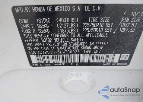 2020 Honda Hr-V 2Wd Sport from USA, damaged, VIN 3CZRU5H15LM700923